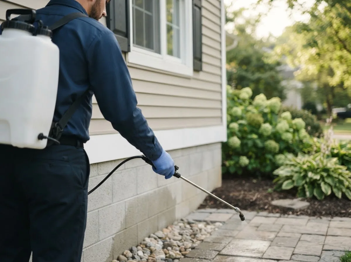 Pest control technician inspecting a home in North Brookfield, NY